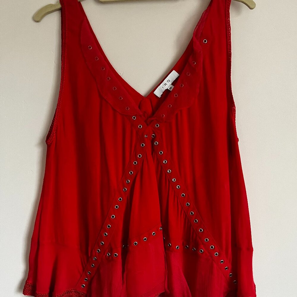 IRO Womens Sackson Swing Tank Top V-Neck Crepe Crochet Trim Grommet Red Size 38